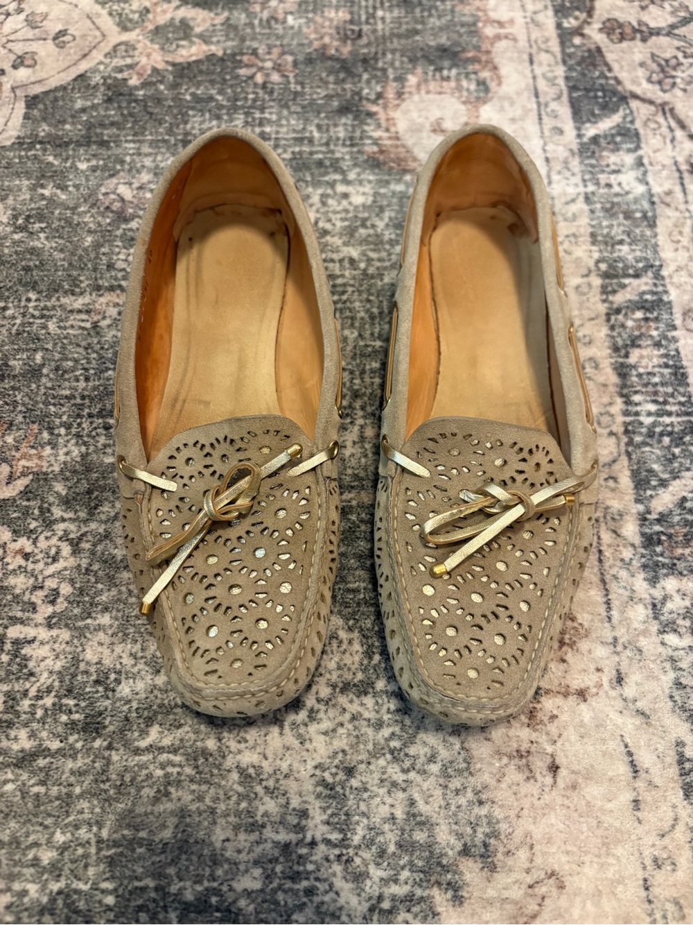 MARC JACOBs: Women’s Taupe Perforated Slip-On Loafers Driving Shoe with Gold Tri